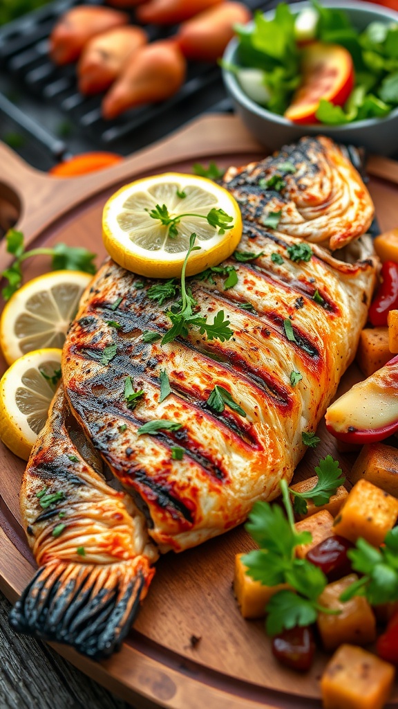 Grilled fish fillet garnished with herbs and lemon, served with colorful grilled vegetables on a wooden platter.